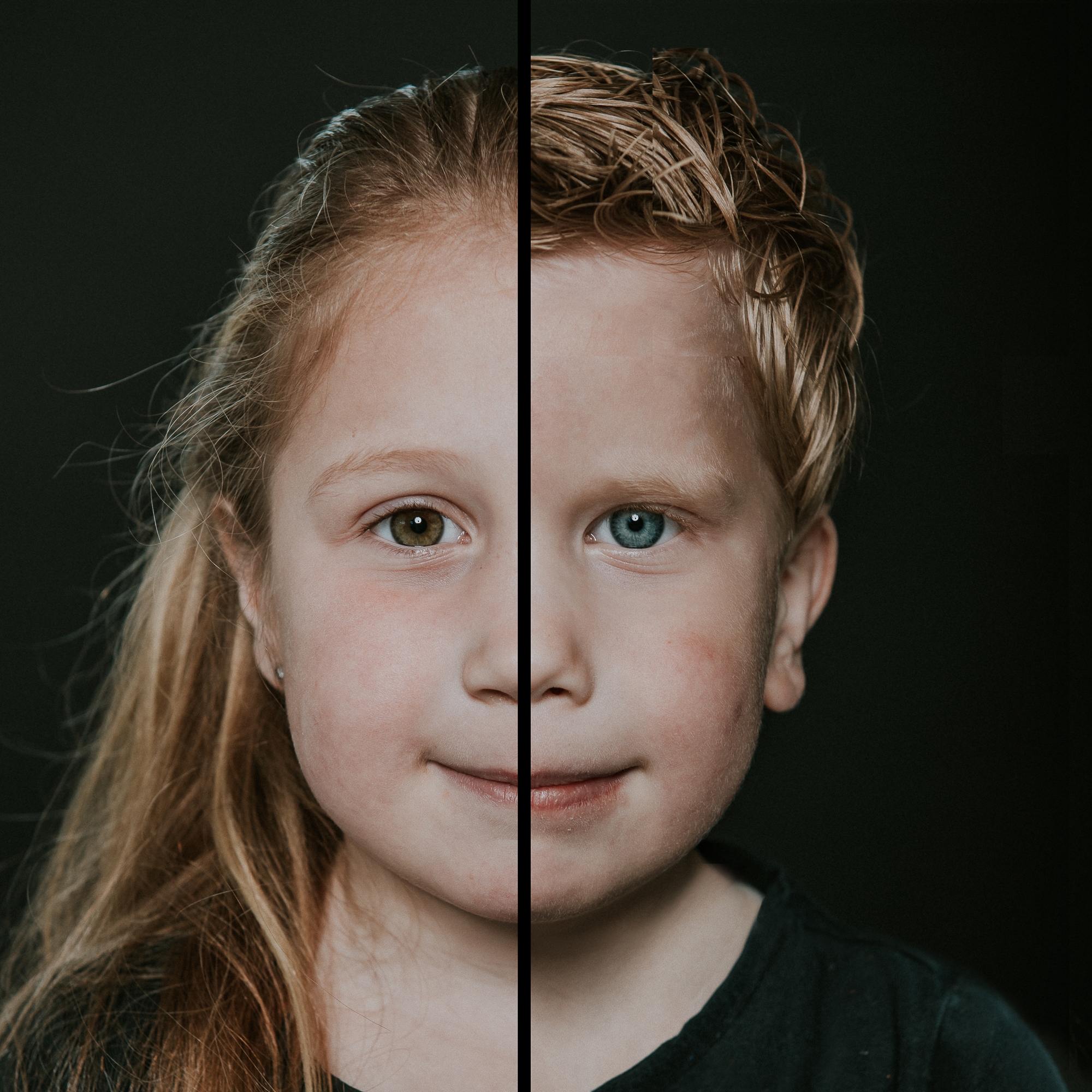 Duoportret of 2in1 portret met streep van de kinderen door fotograaf Nickie Fotografie uit Friesland.