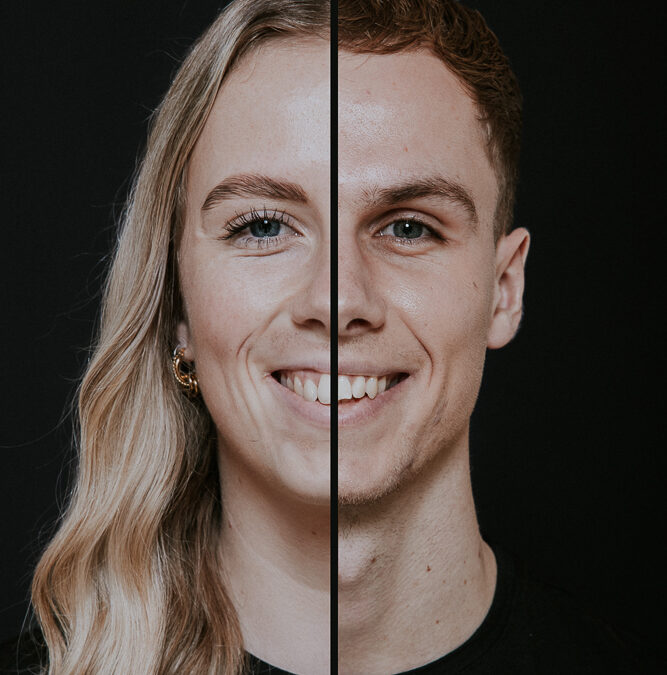 Samengesteld portret van broer en zus. Twee gezichten 1 portret door fotograaf Nickie Fotografie uit Dokkum, Friesland.
