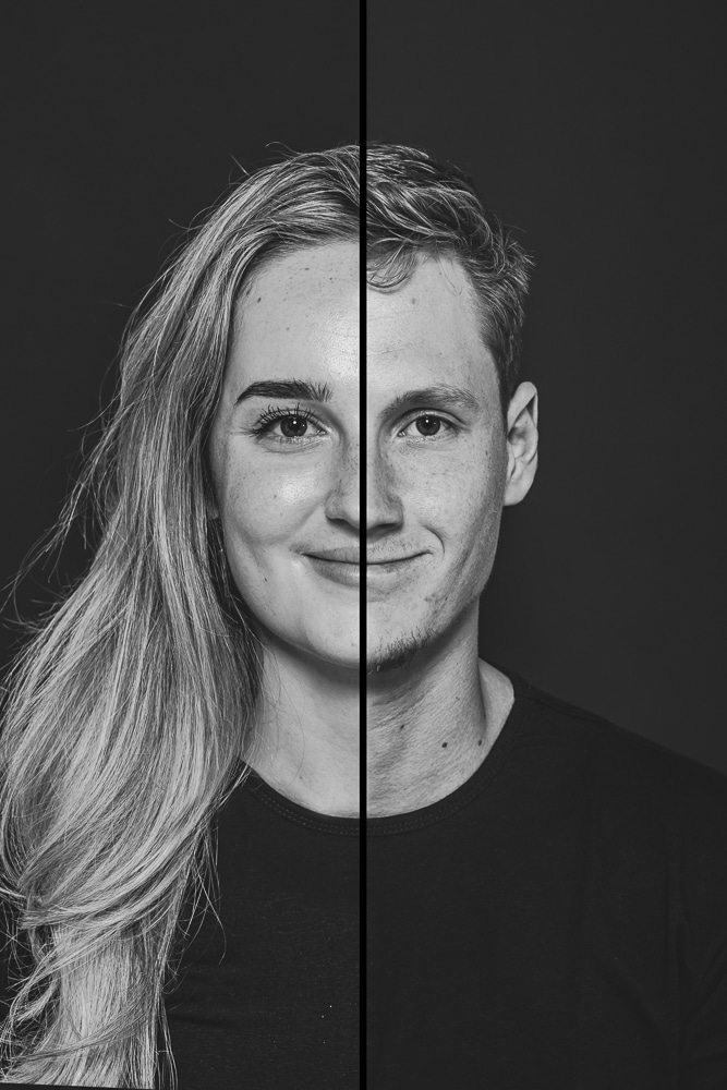 Twee in één portret Friesland. Zwart-wit duoportret met streep van broer en zus door fotograaf Nickie Fotografie uit Dokkum.
