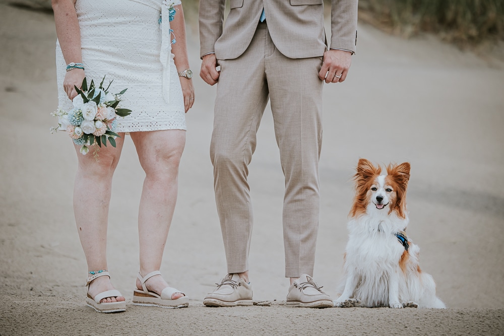 Fotograaf Friesalnd. Trouwen op het strand. Het bruidspaar met hun hond. Huwelijksfotografie door huwelijksfotograaf Nickie Fotografie.