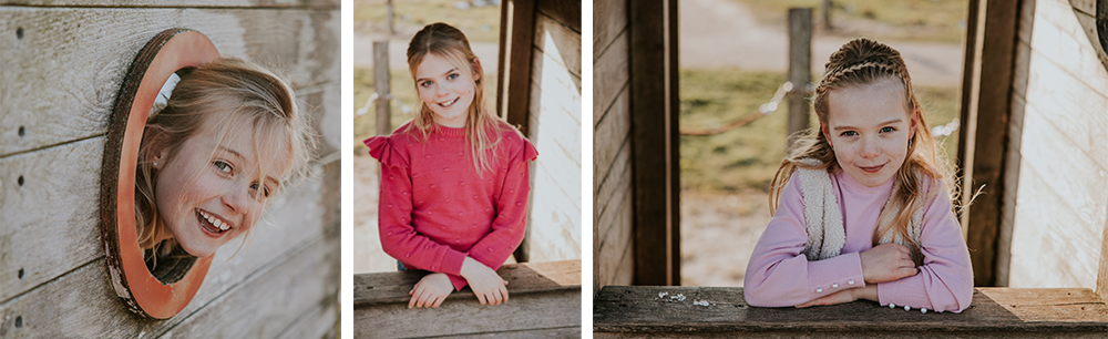 Kinderportretten van de drie zussen in het houten speelhuisje door fotograaf Nickie Fotografie uit Dokkum, Friesland.