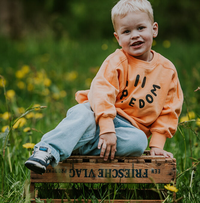 Fotograaf Friesland. Portret van kindje op een oude houtenkist tussen de paardebloemen door fotograaf Nickie Fotografie uit Dokkum.