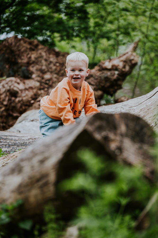 Portret van jongetje spelend op de grote boomstammen in het Tolhuispark te Dokkum. Fotoshoot door fotograaf Nickie Fotografie.