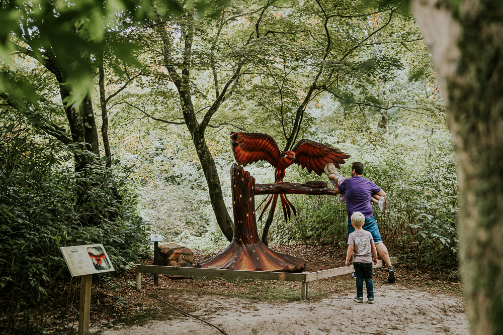 Het park der fabelen in Park Vijversburg te Tytsjerk. Het gezin kijkt of er eieren liggen in de nest van de feniks. - ons gezin- reportage door fotograaf Nickie Fotografie uit Friesland.