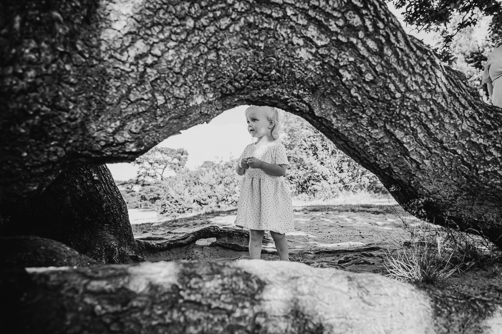 Zwart-wit portret van klein meisje in de natuur bij grote boomstronk. Fotoshoot door fotograaf Nickie Fotografie uit Friesland.