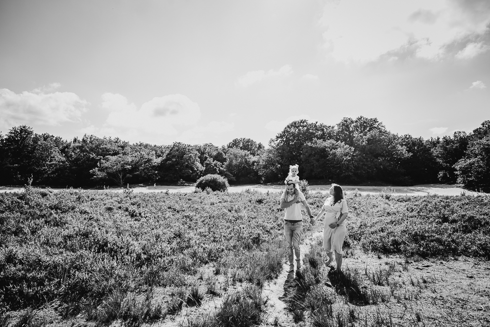 Zwangerschapsfotografie op de heide bij Bakkeveen door fotograaf Nickie Fotografie uit Friesland. Een wandelend portret van het jonge gezin.