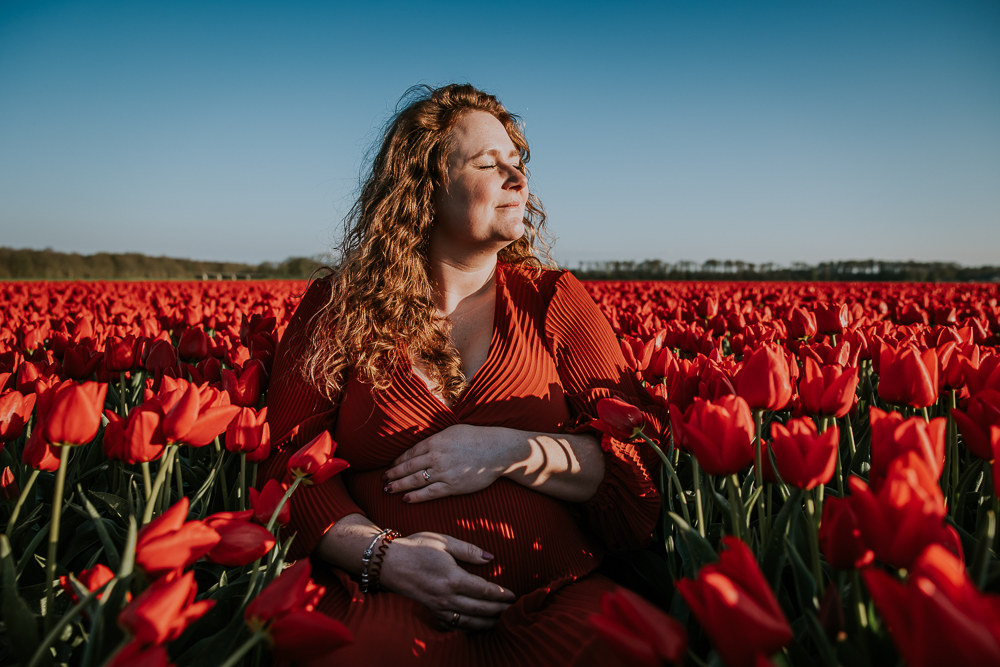 Fotograaf Friesland. Zwanger tussen de tulpen. Fotoshoot door Nickie Fotografie. Bijzondere golden hour/gouden uur shoot.