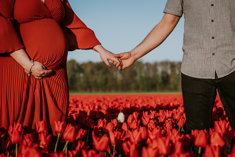 Fotograaf Friesland. De aanstaande ouders houden elkaars hand vast. Fotoshoot door fotograaf Nickie Fotografie uit Dokkum.